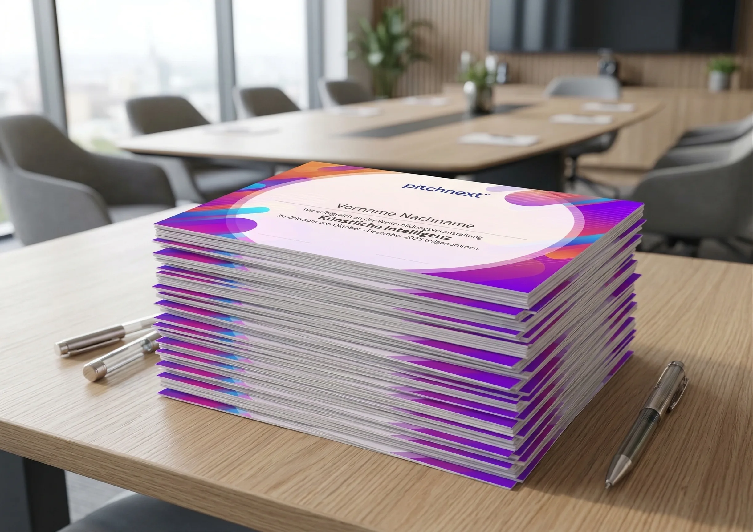 Stapel von pitchnext-Teilnahmezertifikaten für eine KI-Weiterbildung