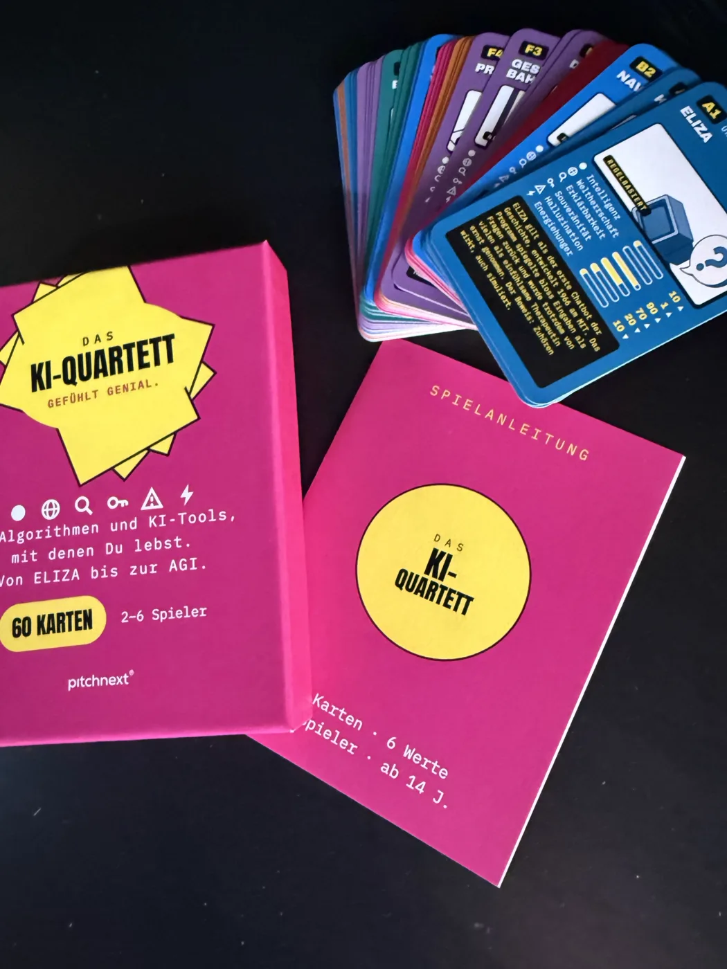 Originalfoto: Box, Spielanleitung und Kartenfaecher des KI-Quartetts